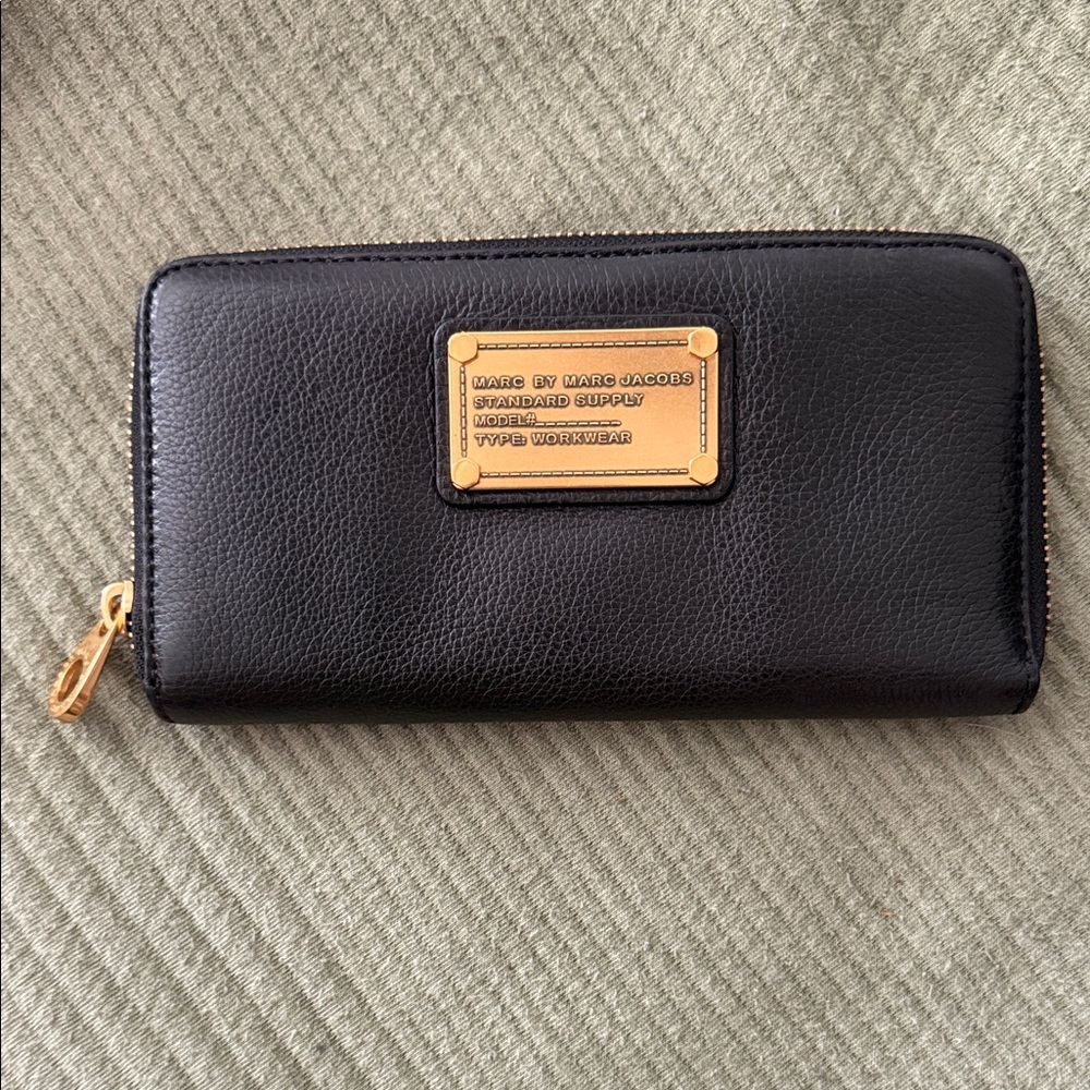 Marc by Marc Jacobs Black Leather Zip-Around Wallet with Gold Plaque